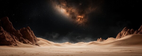 A vast desert landscape under a starry sky, featuring rugged mountains and rolling sand dunes, evoking a sense of otherworldly beauty and isolation.