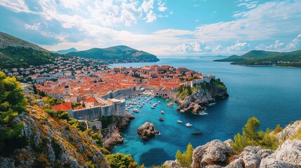 Breathtaking aerial view of Dubrovnik old town with its iconic walls and turquoise sea in Croatia