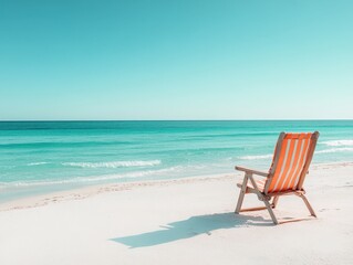 Serene beach escape featuring an orange striped beach chair overlooking turquoise ocean and white sand under a clear blue sky a tranquil scene