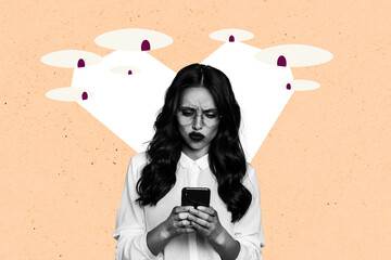 Contemporary art collage of minded girl hold phone frown hacking eyeball stare control spyware...