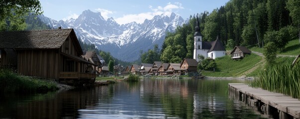 Fototapeta premium A serene lakeside village surrounded by mountains, featuring quaint wooden houses and a church, reflecting the beauty of nature.