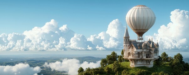 A whimsical hot air balloon above a castle-like structure, surrounded by lush greenery and fluffy clouds, evoking a sense of adventure and fantasy.