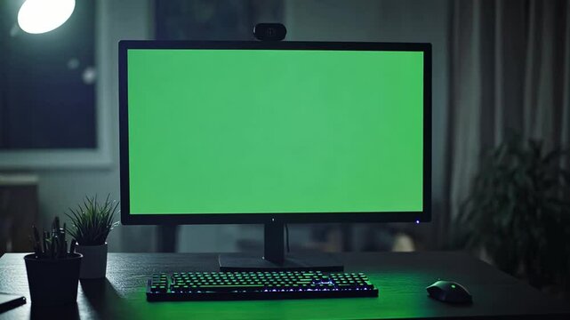 Modern workplace setup featuring a green screen monitor and gaming peripherals