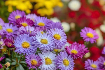 Colorful Asters Bloom Vibrantly Against the Backdrop of Autumn Leaves Highlighting Seasonal Beauty Generative AI