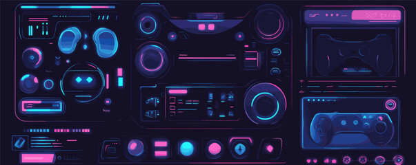 Futuristic neon game interface with controllers and digital panels in cyberpunk style.