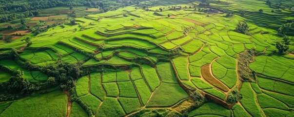 Aerial View of Lush Green Rice Terraces in Vietnam