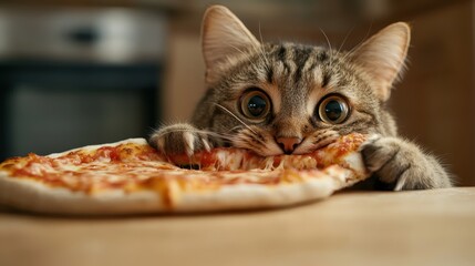 A cute cat looking curiously at a slice of pizza, showcasing a playful interaction with food that evokes laughter and affection among pet lovers and foodies.