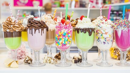 Colorful milkshake display, dessert shop, sweet treats, background blur