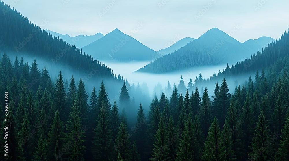 Aufkleber misty mountains scenic view landscapes concept. serene forest landscape with misty mountains and eve