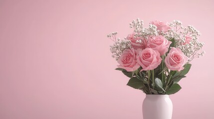Beautiful arrangement of pink roses and baby's breath in a modern white vase against a soft pastel background