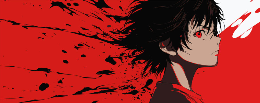 Intense anime boy with red eyes and dark hair against dramatic red background.