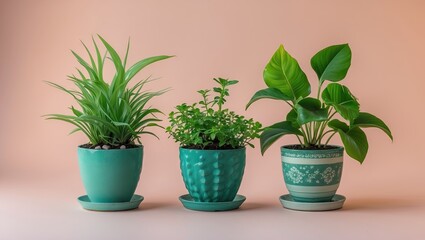Obraz premium Three small green house plants in decorative teal pots on a pastel peach background with natural light highlighting their vibrant leaves.