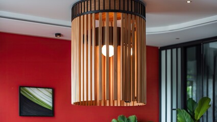 Obraz premium Modern wooden cylindrical ceiling lamp with slatted design hanging from ceiling against vibrant red wall complemented by greenery and art piece.