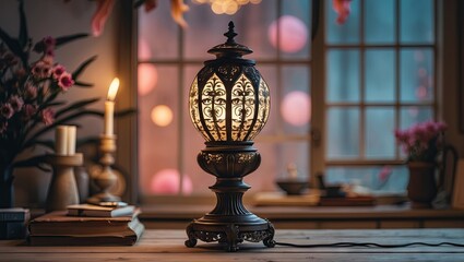 Vintage ornate lamp with warm golden light set indoors, surrounded by books and decorative plants, near a window with softly blurred background.