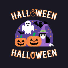 Halloween Vector Illustration &ndash; Spooky Haunted House, Full Moon, Ghosts, Pumpkins, Witch, Skeleton, and Bats, Scary Night, Festive Holiday Design, Trick or Treat, Creepy and Fun Cartoon Art