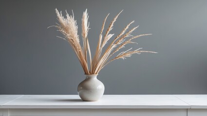 Dried grass arrangement in a light ceramic vase on a white table with a smooth gray background highlighting warm neutral tones and elegant simplicity