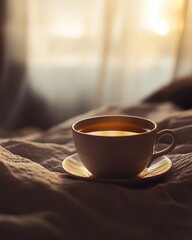 Obraz premium Warm Cup of Tea on Soft Bed Linen with Morning Light Background