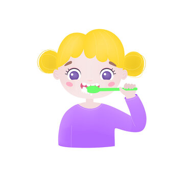 Little cute girl brushing teeth. Flat vector illustration isolated on white background