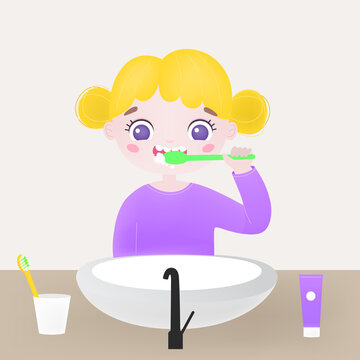 Little cute girl brushing teeth on bathroom. Flat illustration isolated on white background