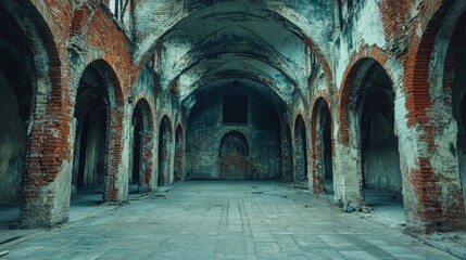 Fototapeta premium Eerie Interior of an Abandoned Brick Building with Arches and Vaulted Ceiling in a State of Decay and Neglect with Dim Light