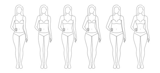 Naklejka premium Five types of women’s body shapes: hourglass, pear, rectangle, apple, and inverted triangle. Female figures template for fashion, beauty, clothing, and fitness use. Vector line sketch illustration