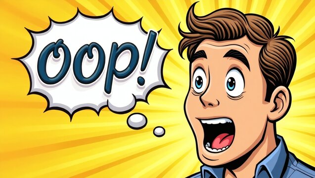 a comic strip style illustration of a surprised man with "oop!" speech bubble. The man's expression is one of shock and slight panic