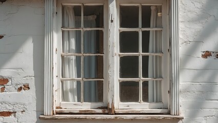 Obraz premium Vintage white wood-framed windows with weathered paint, showcasing peeling details against a textured light-colored wall and soft shadows.