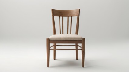 Wooden chair with a beige fabric seat positioned centrally against a light grey background showcasing a minimalist and elegant design.