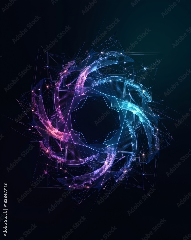 Poster an abstract digital artwork featuring a glowing vortex of light and energy, with vibrant colors and 