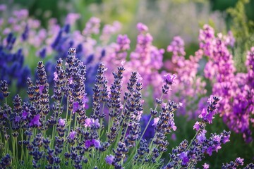 Obraz premium Explore the Vibrant Lavender Garden Filled With Blooms in Various Shades During a Sunny Afternoon Generative AI