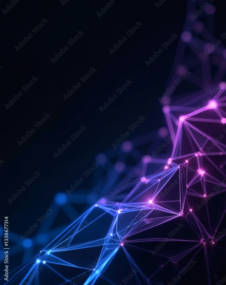 Poster a network of interconnected lines and nodes with blue and purple colors, representing the concept of connectivity, communication and technology