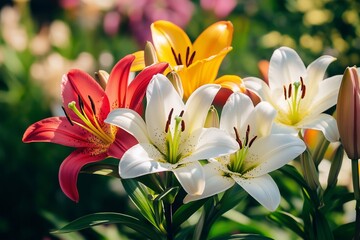 Obraz premium Vibrant Display of Assorted Lilies Showcasing a Variety of Colors in a Blooming Garden During Springtime Generative AI