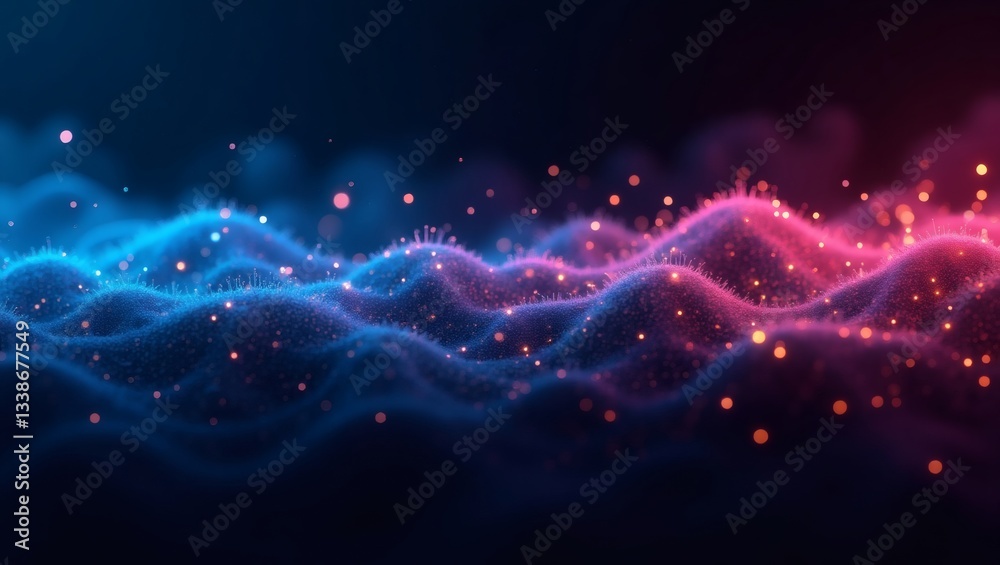 Poster abstract colorful waves, with gradients of blue and pink, and sparkling particles floating in the air. The image looks dynamic and energetic