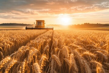 Obraz premium Golden wheat harvesting at sunset farming field agriculture scene rural landscape side view nature's bounty
