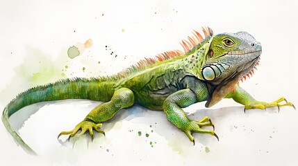Obraz premium Green Iguana Watercolor Painting of a Reptile
