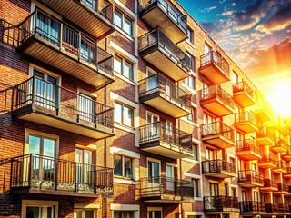 Obraz premium Vintage Style Photo: Modern Brick Apartment Building with Repeating Balconies & Metal Railings