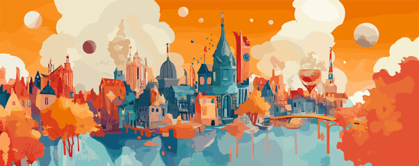 Obraz premium Colorful fantasy cityscape with vibrant architecture and autumnal trees in surreal universe.