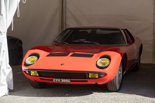 Caramulo, Portugal - 03 September 2021: Lamborghini Miura S, an iconic italian sports car displayed at Caramulo Motorfestival 2021
