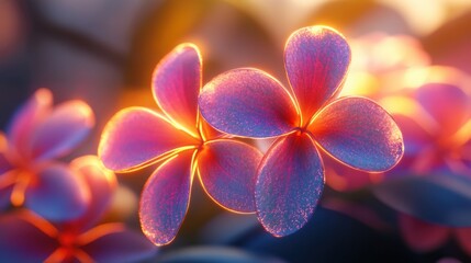 Fototapeta premium Radiant plumeria flowers in vibrant pink and blue hues with a soft glow, evoking a sense of tropical serenity and natural beauty, captured in macro detail