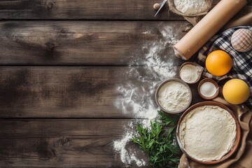 Preparing Raw Dough With Flour and a Rolling Pin on a Rustic Wooden Surface for Baking Pastries or Bread Generative AI