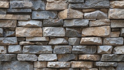 Fototapeta premium Natural textured stone wall with a mix of gray and beige stones arranged in horizontal layers creating a rustic backdrop for various designs