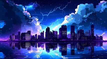 A vibrant, pixelated city skyline, reflected in a still body of water, under a stormy night sky.  A vibrant scene with striking colors and lightning