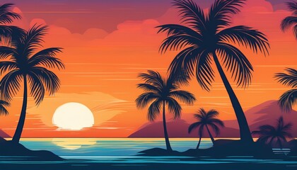 Fototapeta premium Seamless pattern featuring palm trees, sunsets, and relaxing vibes. Tropical, serene, and warm design, perfect for textiles, wallpapers, or summer-themed illustrations. 