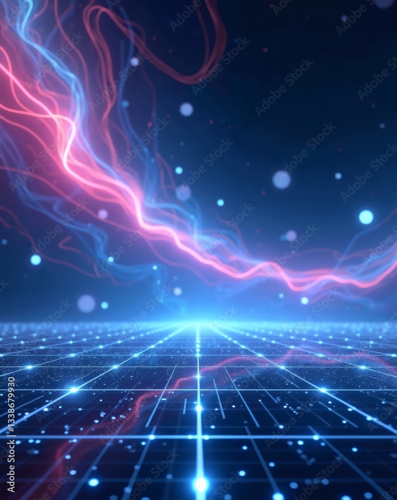 Poster a futuristic digital landscape with glowing lines, grids, and energy patterns