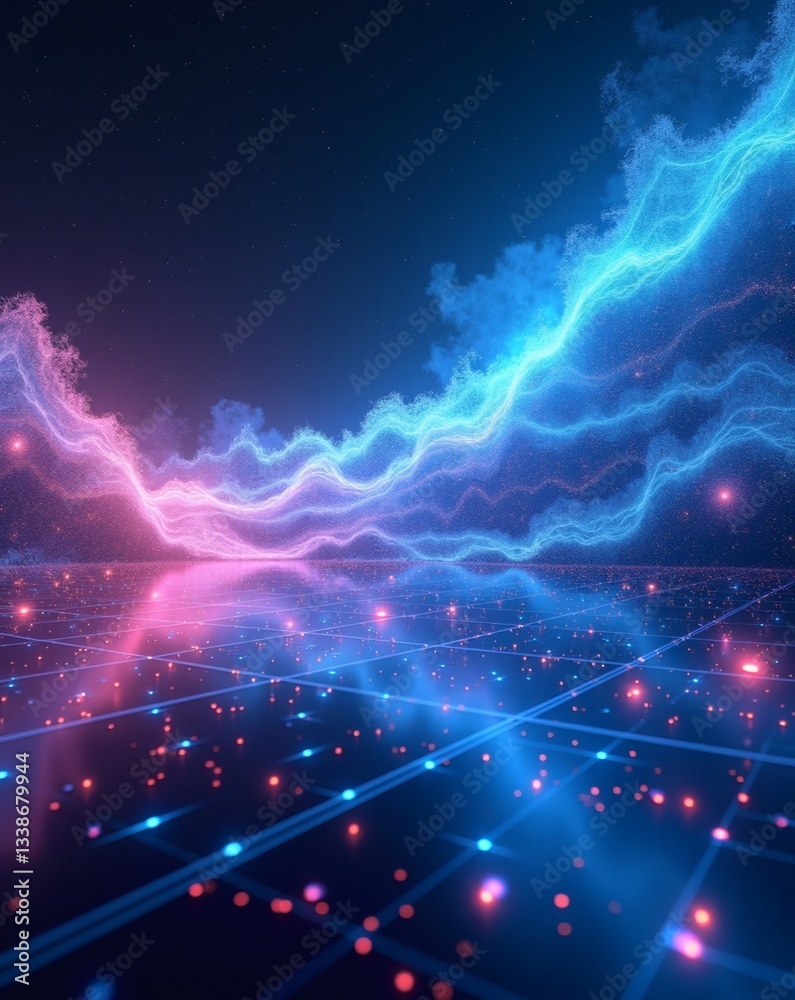 Poster a digital landscape with glowing lines and particles, creating a futuristic and vibrant scene. The image depicts a data visualization with abstract and high-tech concept
