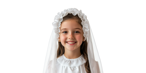Young Girl In First Communion Dress With Veil. Religious Ceremony And Celebration Portrait Isolated On Transparent Background