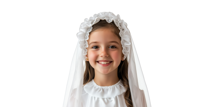 Young Girl In First Communion Dress With Veil. Religious Ceremony And Celebration Portrait Isolated On Transparent Background