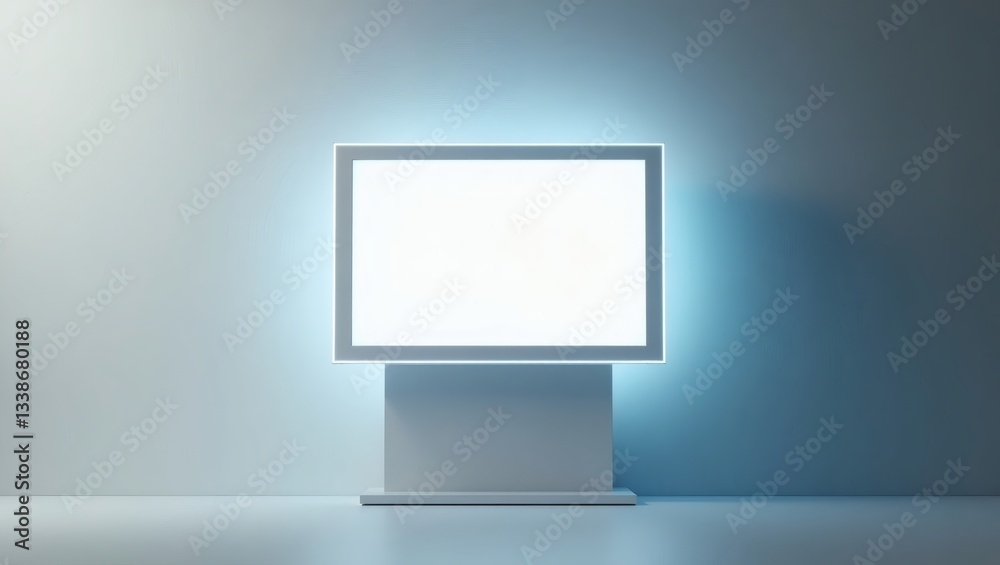 Poster a digital display with a glowing screen, standing in a modern room