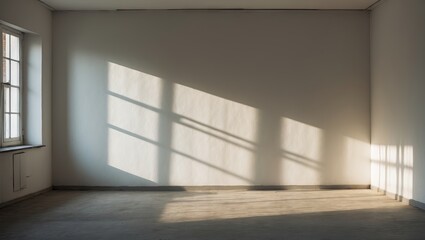 Sunlit vacant room showcasing soft shadows on a white wall, with light streaming through large windows, creating an airy atmosphere.