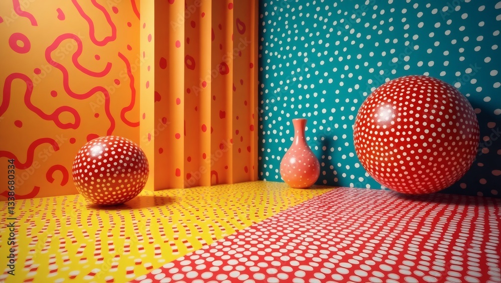 Aufkleber vibrant room interior decorated with a mix of colorful patterns and shapes. spheres and a vase are p